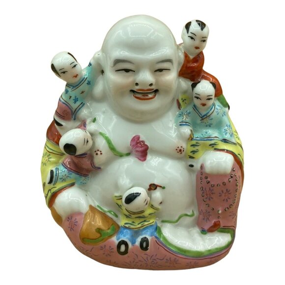 Vintage Chinese Porcelain Happy Buddha Statue With 5 Children READ - Picture 2 of 12